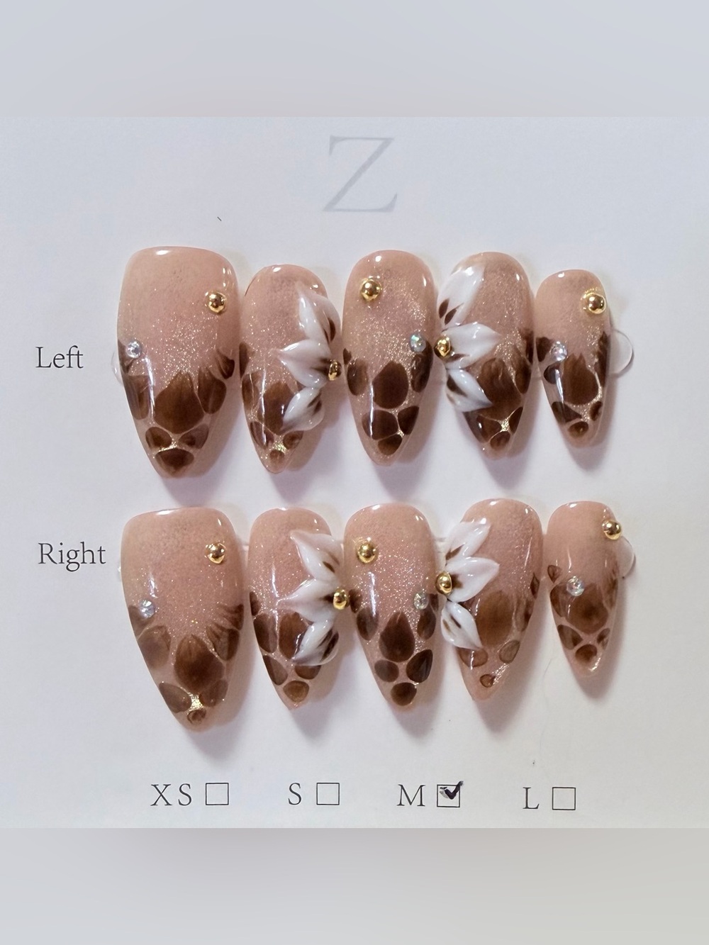 Nude Brown Floral Press-On Nails with White Petal Accents